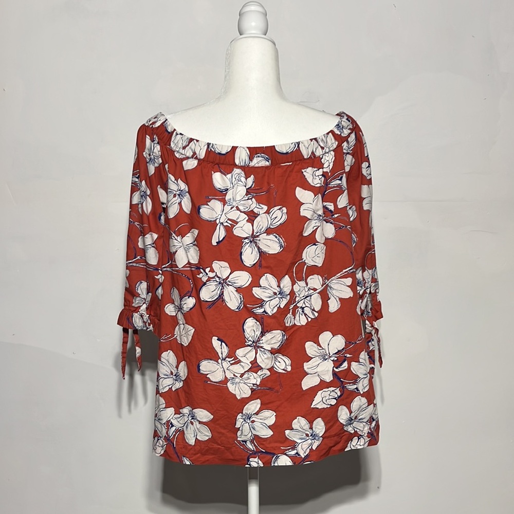LOFT Outlet Burnt Orange Floral 3/4 Length Tie Sleeves Off-The Shoulder Blouse M - Picture 7 of 11